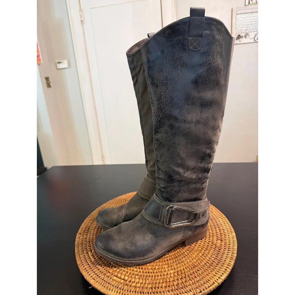 Levity Bonita Gray Distressed Tall Knee High Moto Boots Womens 10M Buckle Detail